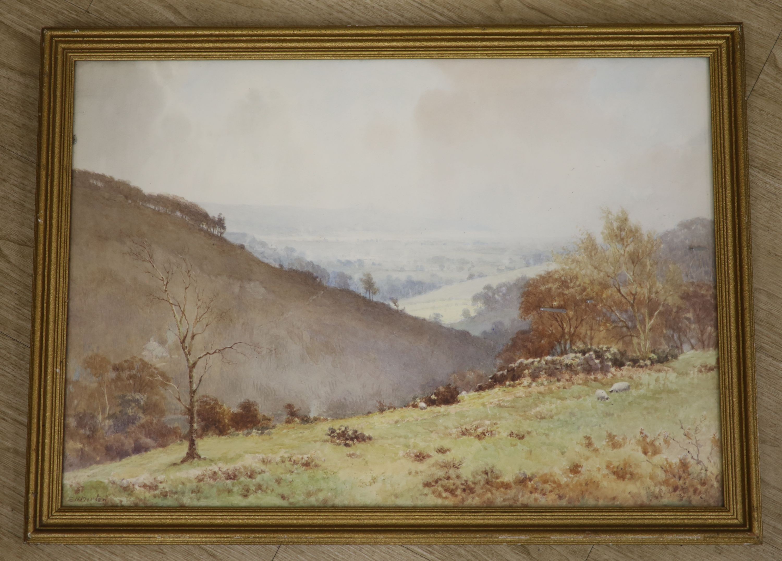Elliot Henry Marten (fl.1886-1910), watercolour, Sheep on the downs, signed, 48 x 69cm